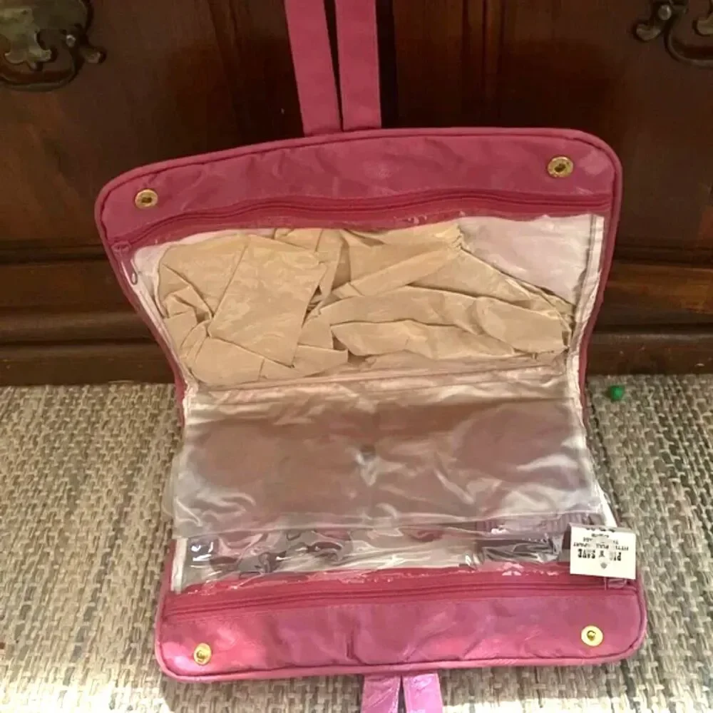 Vintage 60s/70s Satin Travel Toiletry Set NOS Complete Fuchsia Pink Hanging Bag